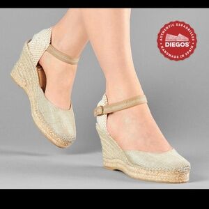 Diegos Espadrilles, EUC, Natural Linen Wedge, Size 38 (8), 3 1/2" heel